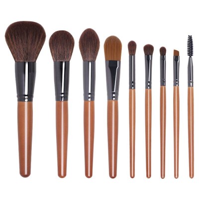 High Quality Nylon Fiber Wool Champagne Wooden Handle Brown Luster Wood Rod Professional Makeup Brush Set With Luxury Brush Bag